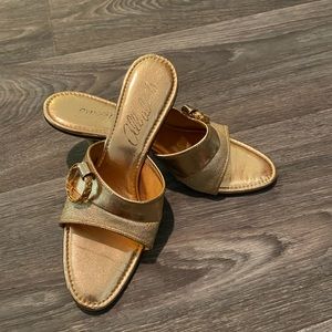 Vtg 50s Rockabilly Gold Allabouts Dress Heels 6